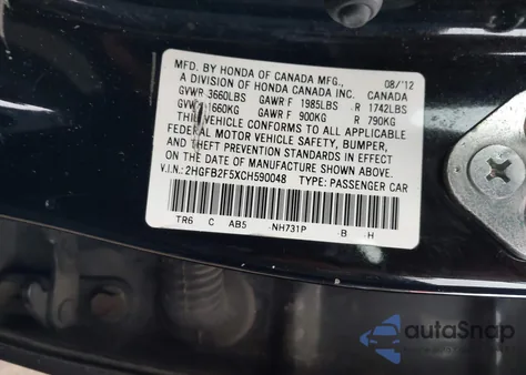 2012 Honda Civic Lx from USA, damaged, VIN 2HGFB2F5XCH590048
